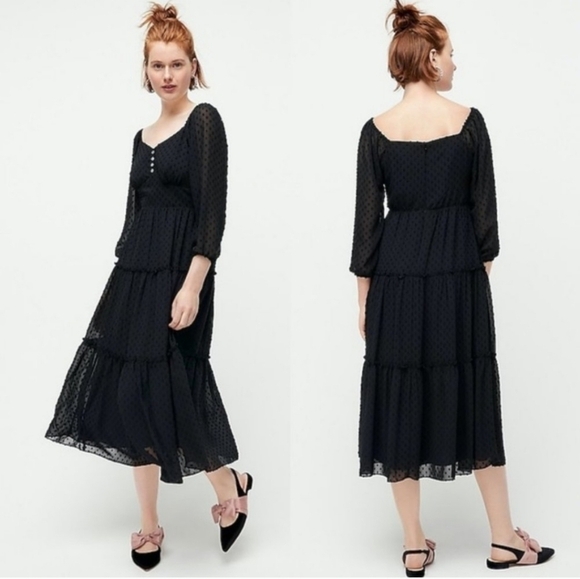 J.Crew Tiered Long Sleeve Midi Dress Black in Swiss Dot size 6 - Picture 1 of 10